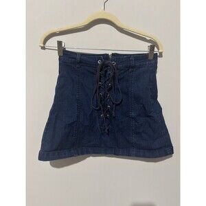 Signature Eight Mini Skirt Womens Medium Blue Denim Lace Up Front Back Zipper
